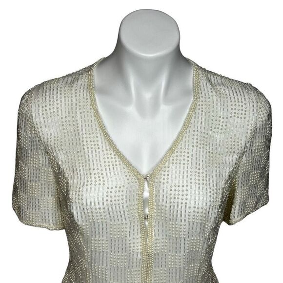 Vintage reggio cream beaded silk top size S - Picture 2 of 13